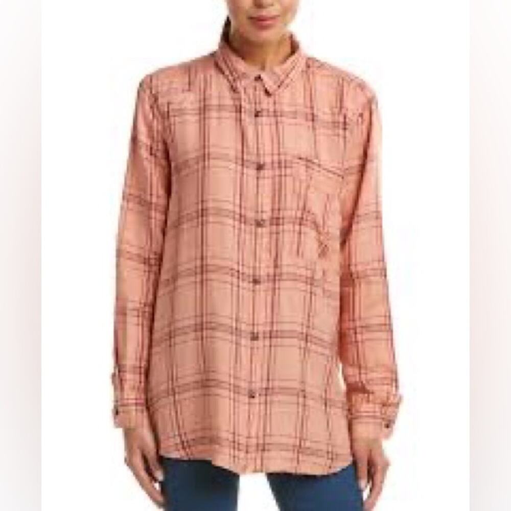 Free People Orange purple plaid light long sleeve Oversized button up top